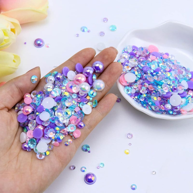 Briskbloom 60g Mix Flatback Pearls and Rhinestones for Crafts, 2mm-10mm for Nails Face Art Tumblers, With Tweezers Wax Pen, Pink|Purple|White - Image 2